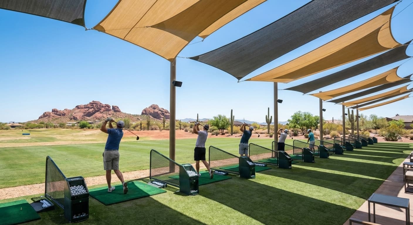Crush Golf and Grill driving range with shaded bays