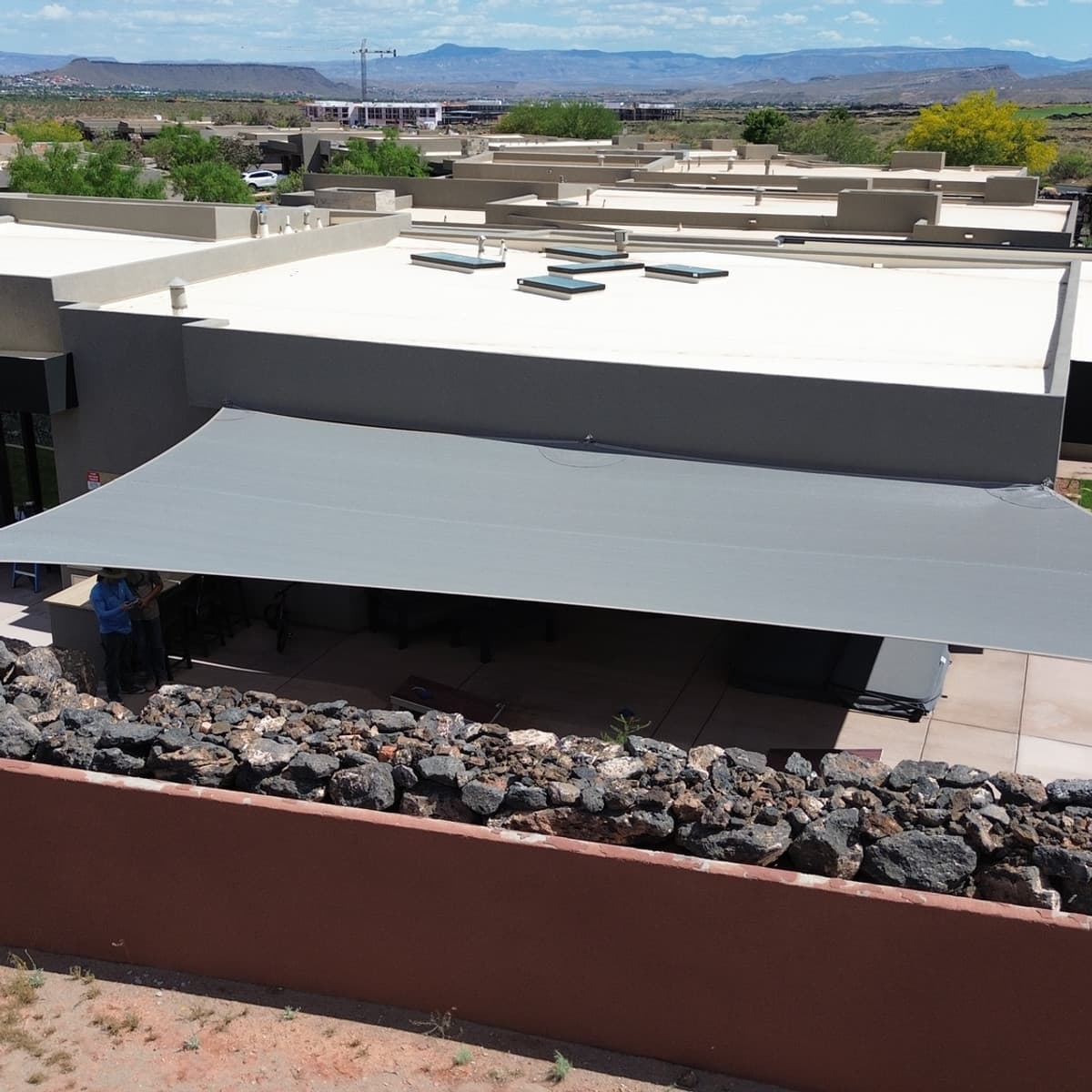 Aerial view of shade sail installation