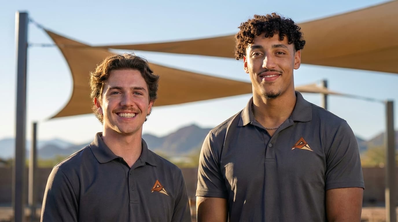 Apex Sail Shades founders with shade sail installation