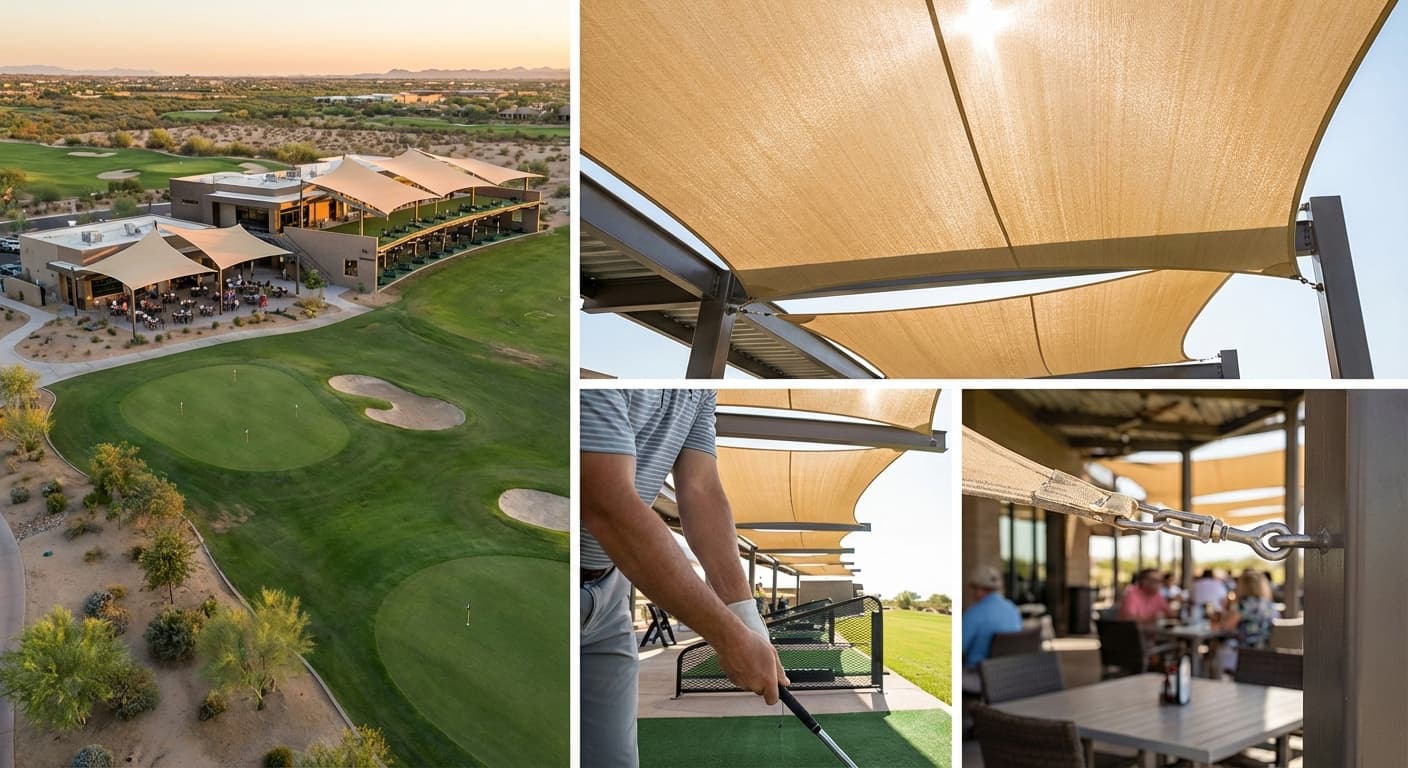 Crush Golf and Grill aerial view with shade sails