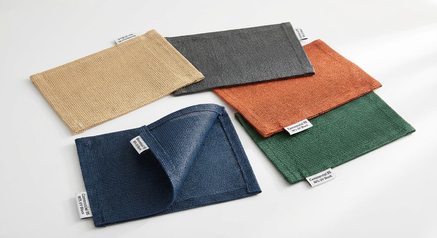Architectural shade fabric swatches in five colors with spec labels