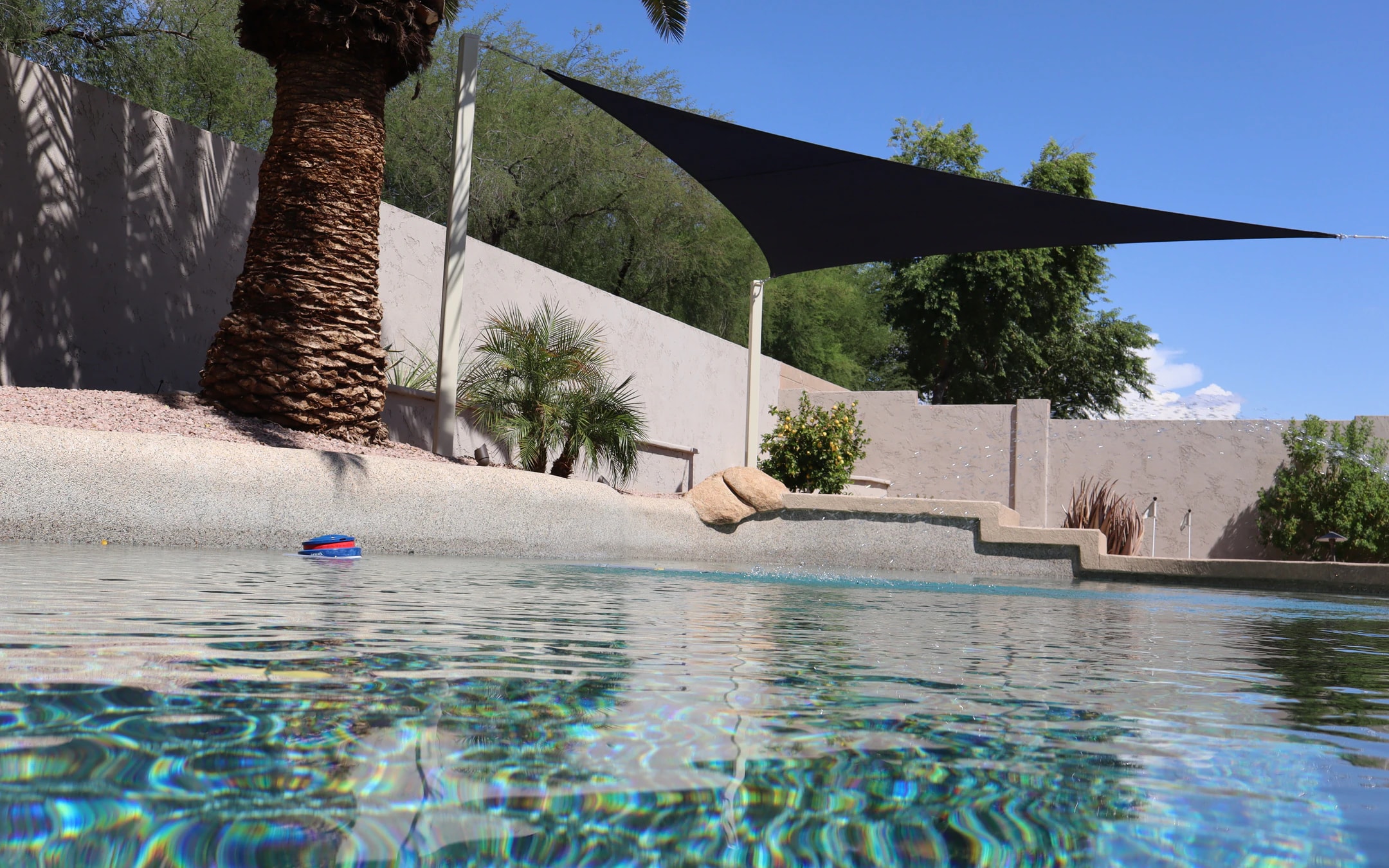 An Apex shade sail beside a backyard pool