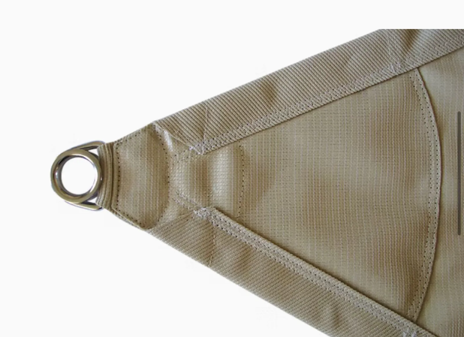 Close-up of a finished shade sail corner with a stainless steel D-ring grommet