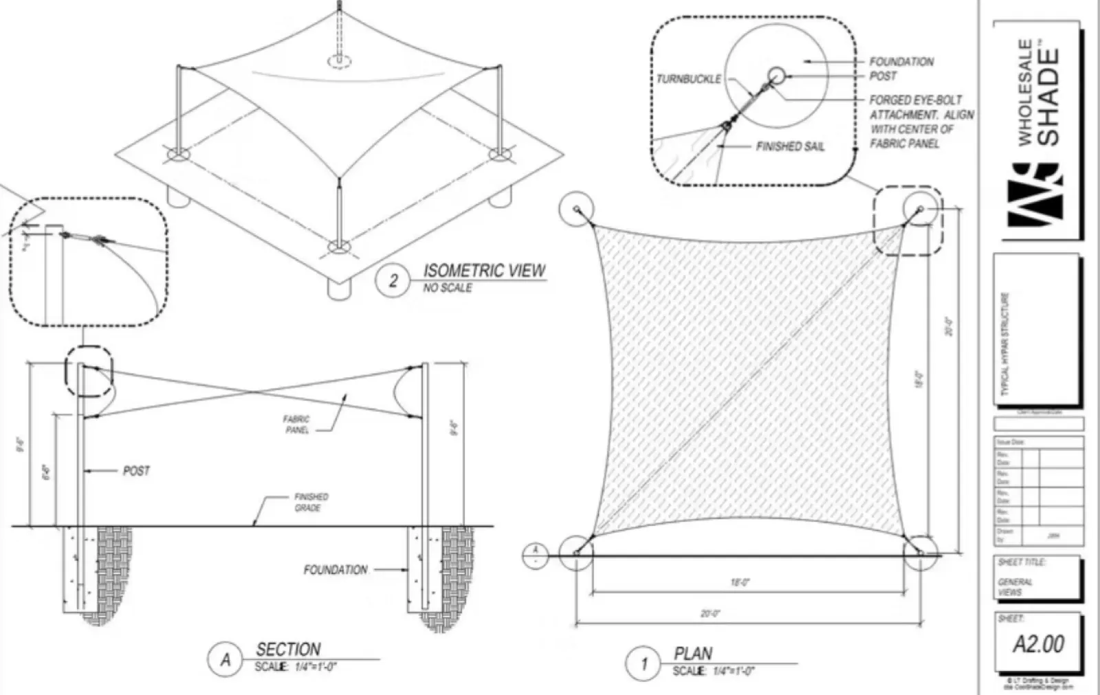 CAD shop drawing of a HyPar shade structure with isometric, section, and plan views