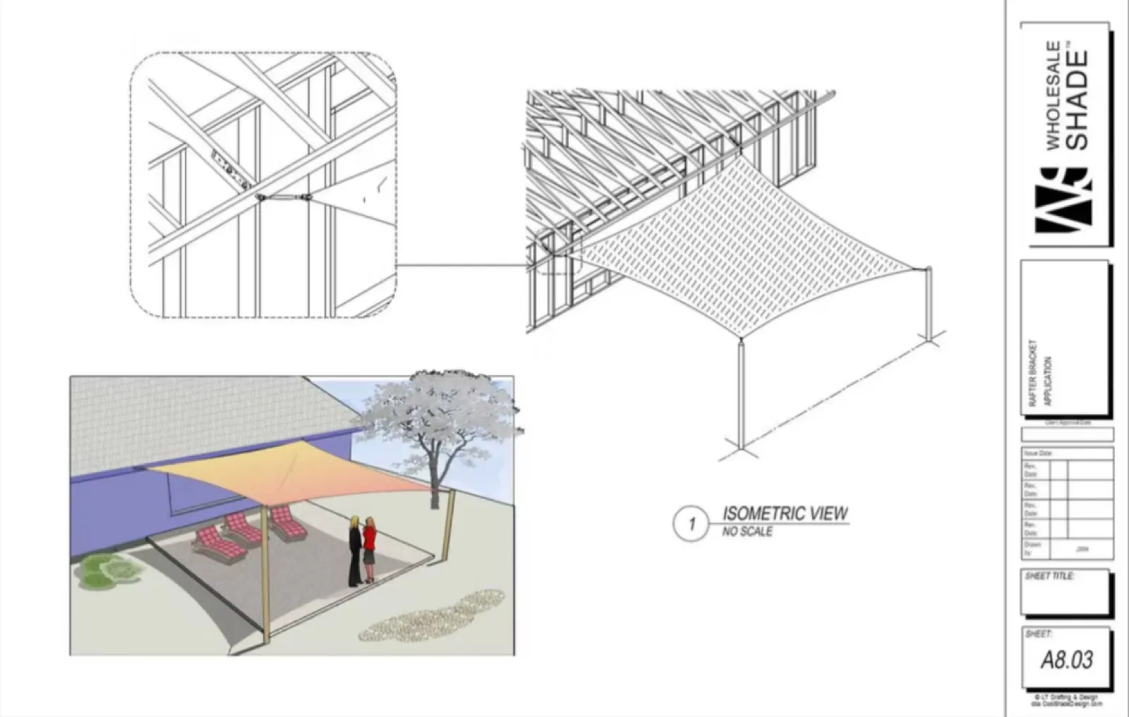 CAD drawing of a rafter bracket attachment with a 3D shade sail rendering