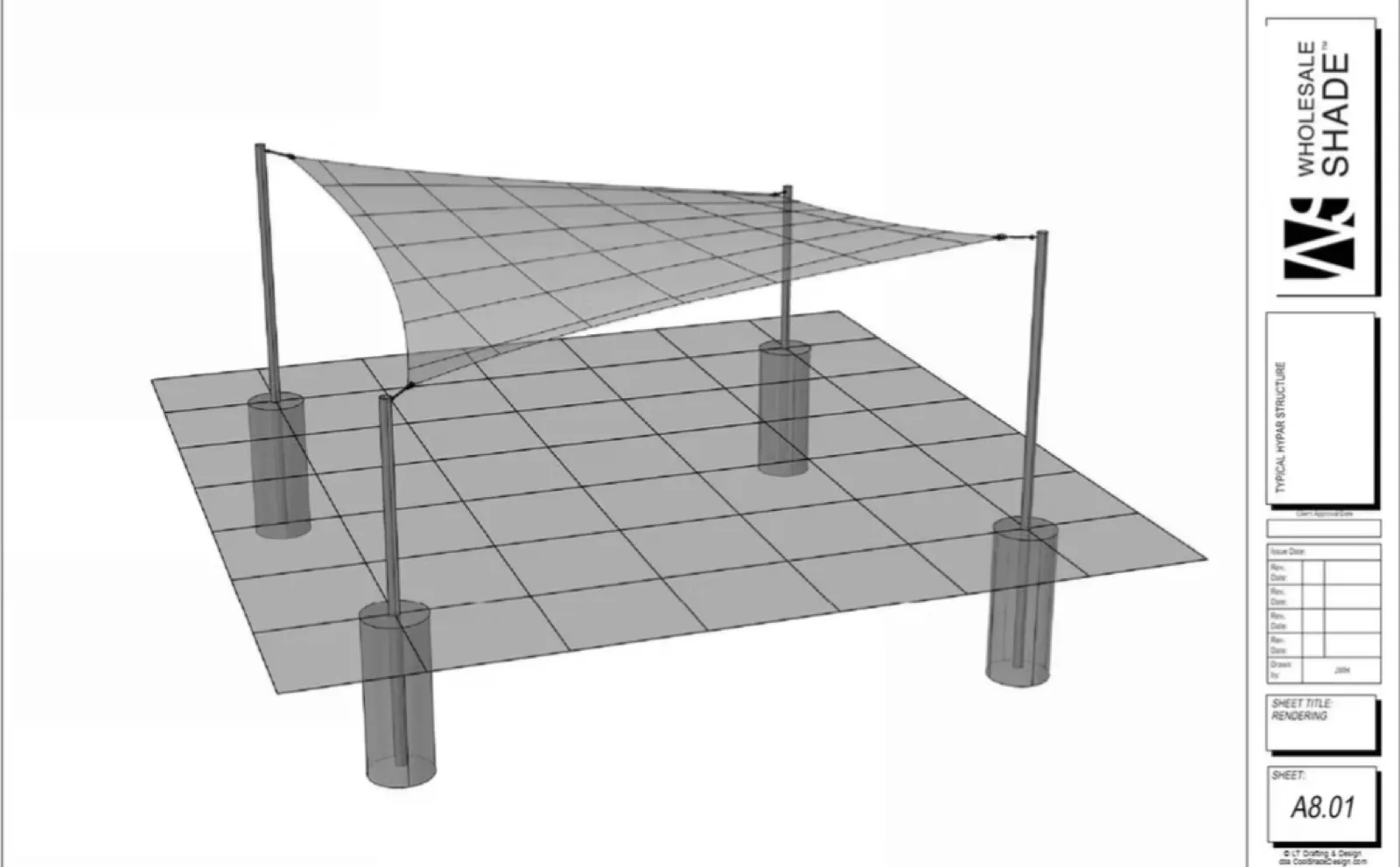3D rendering of a HyPar shade sail tensioned between four posts