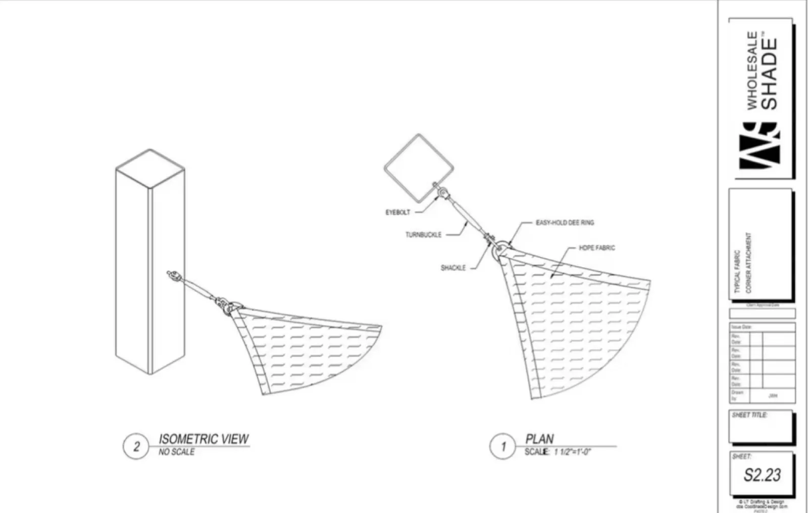 CAD drawing of a typical fabric corner attachment with turnbuckle and shackle
