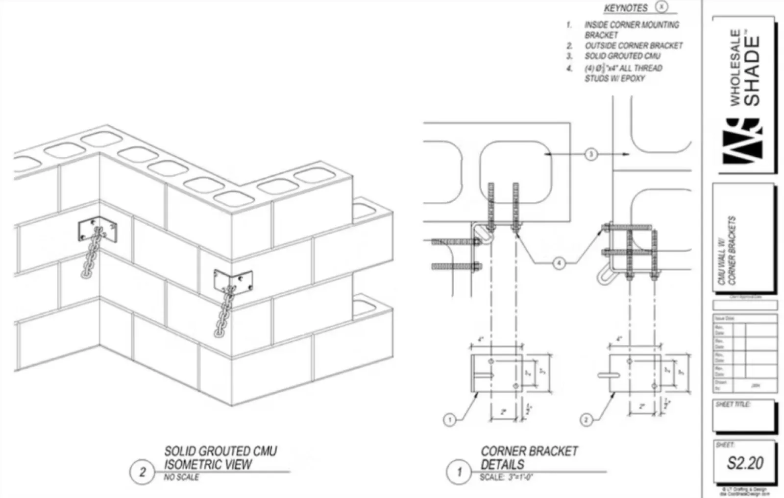 CAD drawing of CMU wall corner brackets with mounting details and keynotes