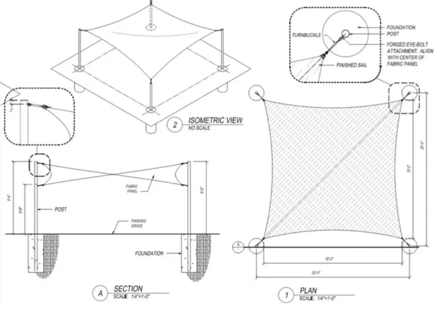 HyPar shade-sail CAD: foundation post + forged eye-bolt attachment.
