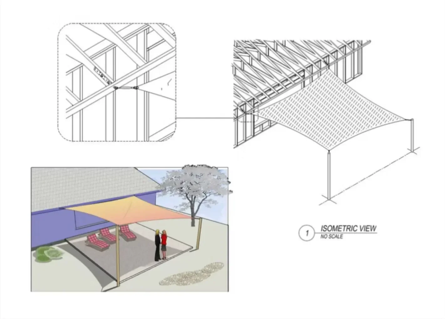 Rafter bracket application with shade-sail SketchUp inset.