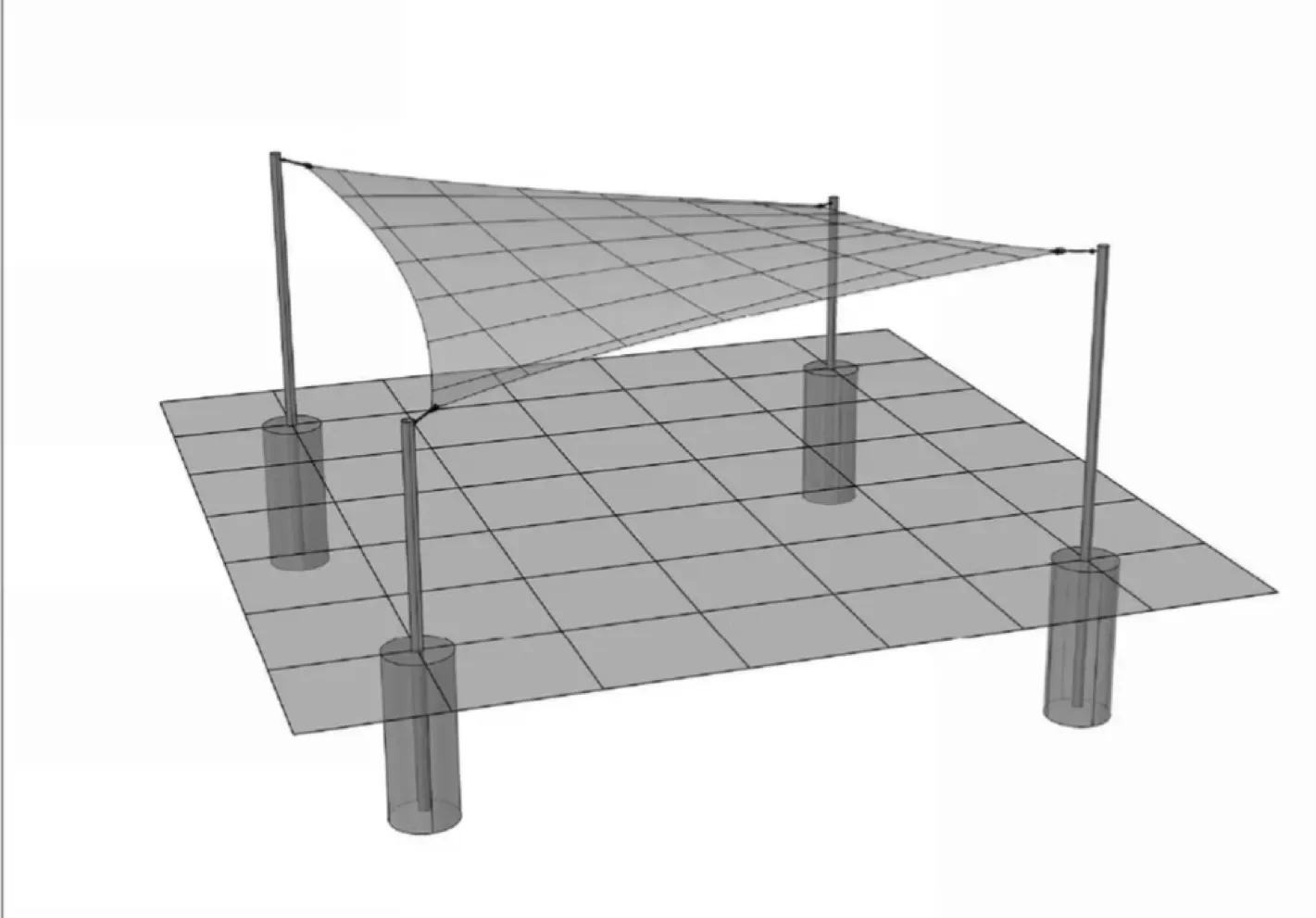 SketchUp rendering of HyPar shade sail structure.