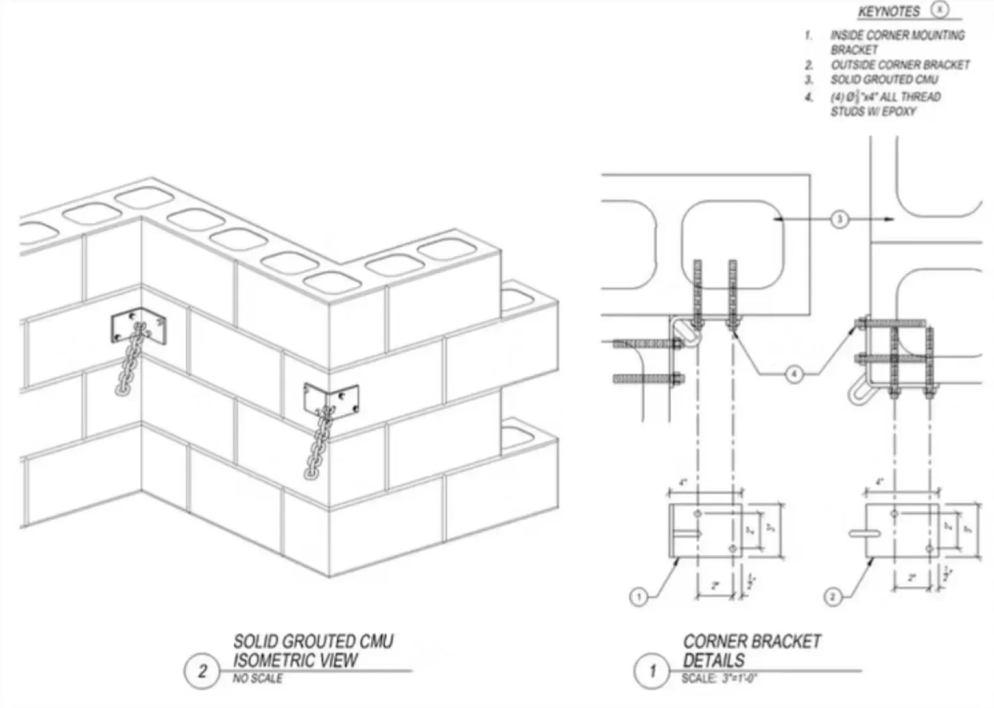 CMU wall corner bracket detail drawings with KEYNOTES.